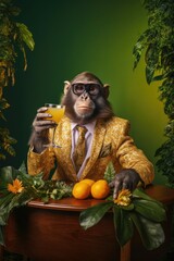 Elegantly dressed monkey holding a glass with drink