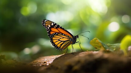 Fototapeta na wymiar a monarch butterfly sitting on top of a leaf covered ground in a forest of green leaves, with sunlight streaming through the leaves, and a bright green background. generative ai