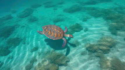 Fototapeta na wymiar a sea turtle swimming in the clear blue waters of the great barrier, grand cayman island, british virgin islands. Generative Ai