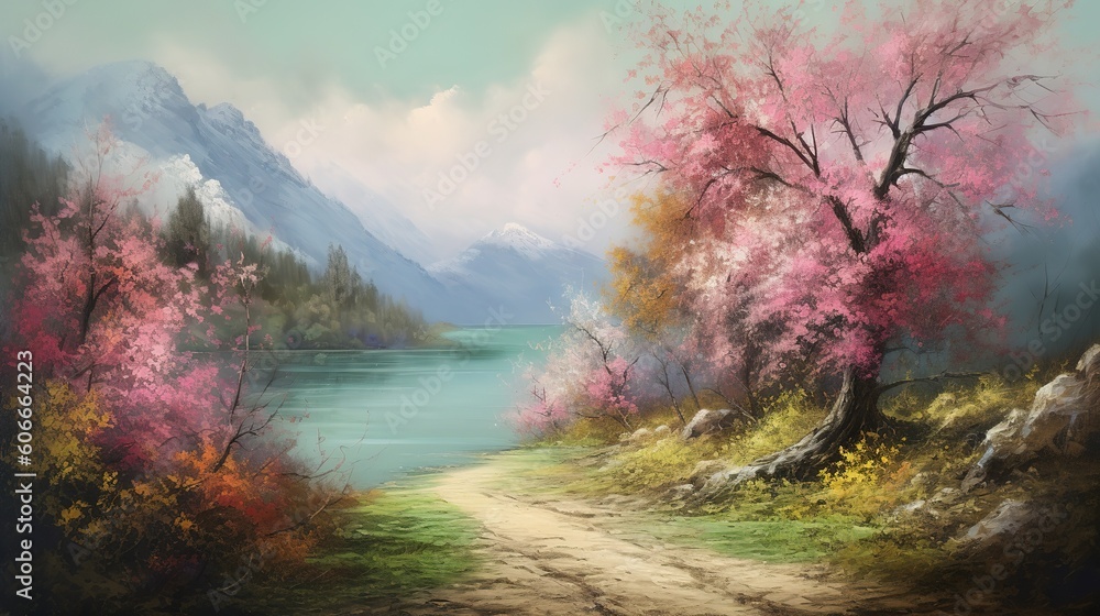 Poster an image depicting a road that terminates at a lake generative ai