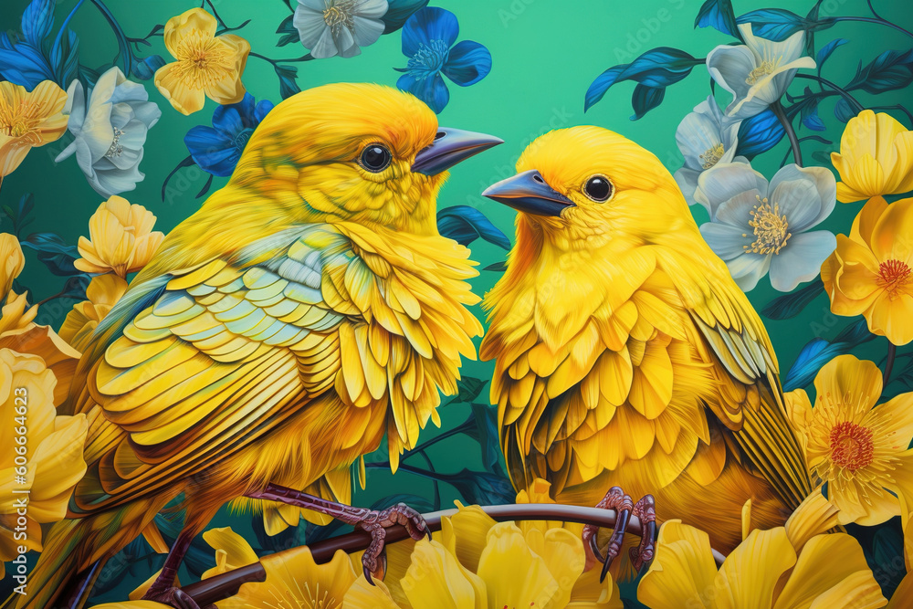 Aufkleber an image of two yellow birds perched on a branch. generative ai