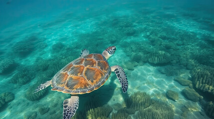 Obraz na płótnie Canvas a green sea turtle swimming in the ocean with corals around it's edge, maldives islands, south pacific. Generative Ai
