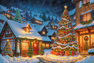 Christmas tree with gifts in the winter village. Postcard Christmas illustration. Generative AI - 606665655
