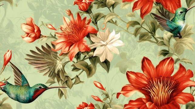 Seamless botanical floral pattern with flowers and hummingbird