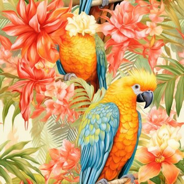 Seamless floral pattern with jungle flowers and parrots
