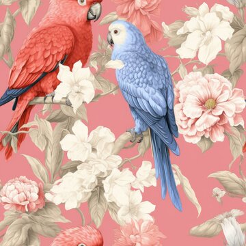 Seamless floral pattern with jungle flowers and parrots