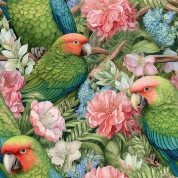 Seamless floral pattern with jungle flowers and parrots