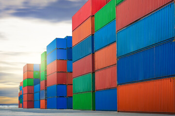 Fototapeta premium Row of Stacked Containers Cargo Shipping. Handling of Logistics Transportation Industry. Cargo Loads Container ships, Freight Trucks Import-Export. Distribution Warehouse. Shipping Logistics Transport