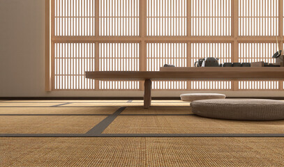Traditional Japanese tatami mat floor, wood chabudai short legged table, round pouf seat, black teapot, cup, shoji window in sunlight. Asian interior design decoration, product display background 3D