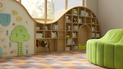 Playful decoration kindergarten playroom or preschool classroom, wooden curved book shelf, colorful carpet floor in sunlight from window for fun learn childhood education interior design background 3D