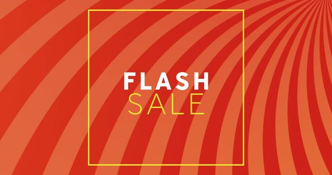 Animation of flash sale text in square over stripes against red and peach background