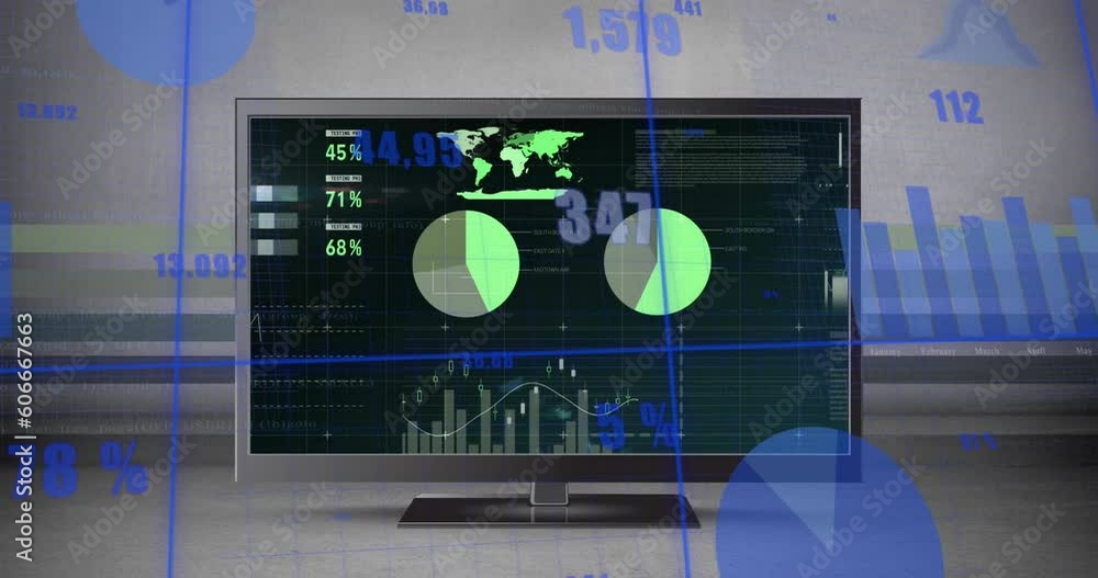 Poster animation of graphs and changing numbers over infographic interface in desktop