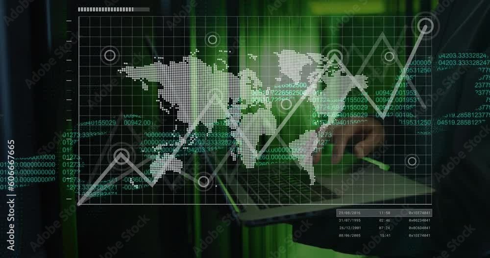 Poster animation of map, global, numbers forming blockchain, midsection of man using laptop in server room