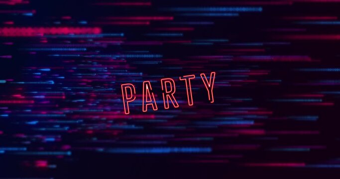 Animation of party text over abstract pattern against black background