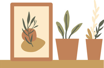 Vector illustration of a set of home plants in pots on a shelf.