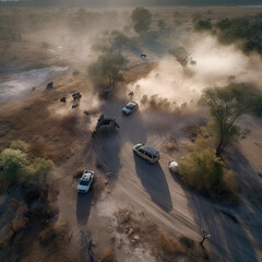 cars driving on the road in the middle of an arid area, with dust blowing off the ground and trees. Generative Ai