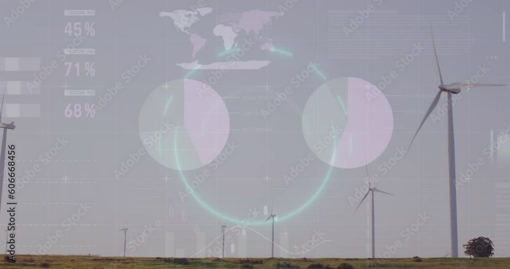 Poster animation of loading circles over infographic interface and windmills on field against sky