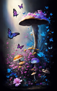 Magical mashroom in fantasy enchanted fairy tale forest with lots of brighness and lighting, Generative AI Illustration.
