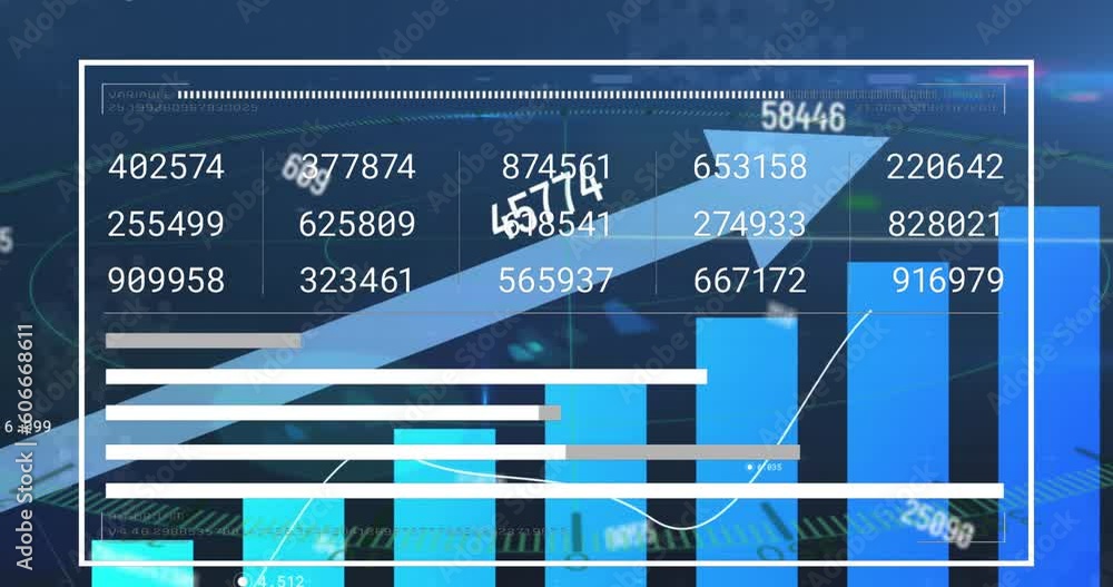 Poster animation of changing numbers and loading bars over growing graph and arrow on blue background