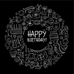 Birthday card design. Greeting card template. Holiday background. Anniversary postcard ideas. Circle frame with place for your text. Black and white color