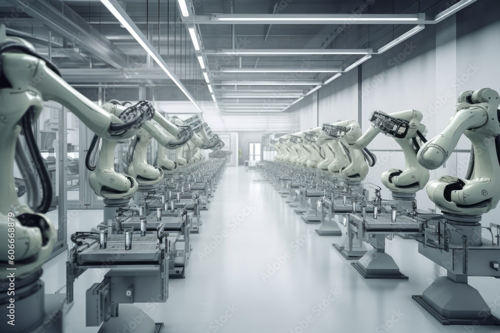Poster group of robots working together in a factory. generative ai