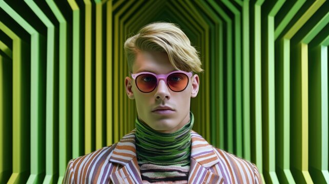 Fototapeta Young male model posing with trendy man fashion outfit and colorful green optical art abstract background. Picturesque generative AI