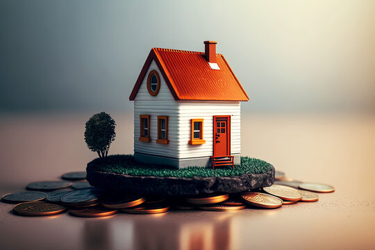 Concept of Investment property. Miniature house with plot of land on coins. Mortgage, real estate and new home. Generative AI