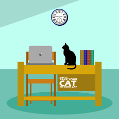 An office desk with a laptop, black cat, books, wall clock and bold text in an office workspace to celebrate National Take Your Cat to Work Day on June 19
