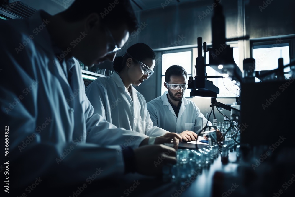 Poster team of scientists working in a laboratory, carefully conducting experiments and analyzing data. gen