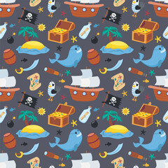 Obraz premium Pirates, flag, seagull, ship, chest. seamless pattern. Vector illustration