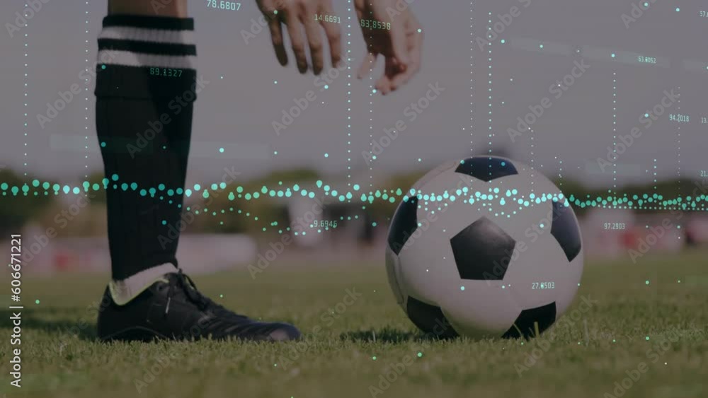 Poster animation of graphs with changing numbers over low section of player kicking ball in ground