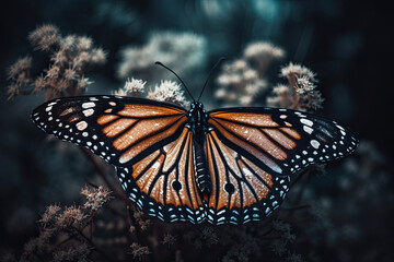 Fototapeta na wymiar a monarch butterfly sitting on top of some white flowers in the background is a dark blue sky and green foliage. Generative Ai