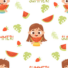 Summer seamless pattern with cute children girl and boy with watermelon on white background. Vector illustration in cartoon flat style. Funny kids collection.