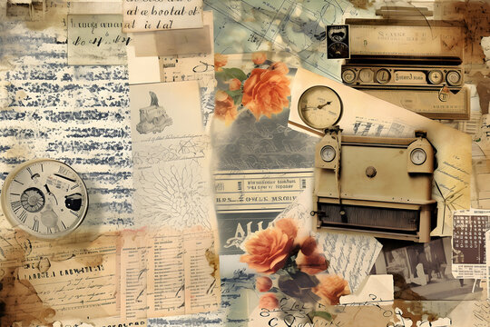 Vintage-inspired digital collage with paper, radio, nostalgic graphical elements, retro labels, stamps, handwritten typography, scrapbooking.