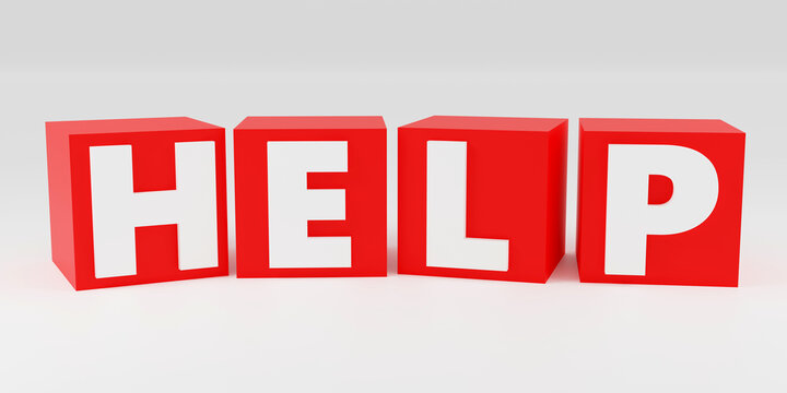 3d render illustration of help red cubes letters on light grey blackground, Frequently asked questions