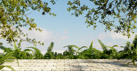 Wooden floor planks Panoramic shot of a wooden table overhanging on a mountain view background on a cloudy day sky and nature background Mountains in the background during the day 3D illustration (4)