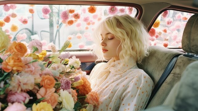 Young woman with white hair sitting in the car surrounded by flowers