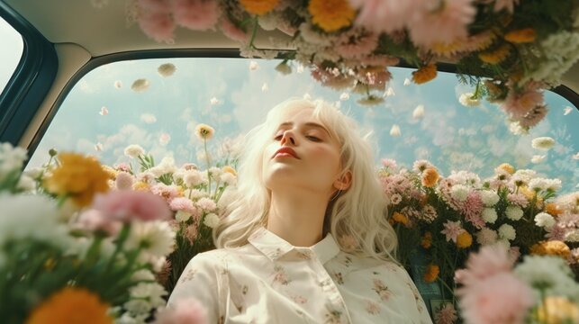 Young woman with white hair sitting in the car surrounded by flowers