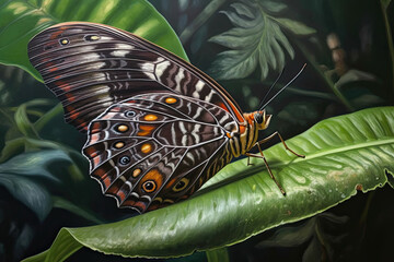 a butterfly sitting on top of a banana leaf with green leaves in the background and an orange - colored wing. Generative Ai