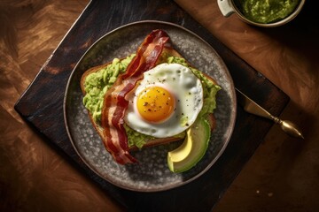 freshly cooked toast with egg, bacon and guacamole, ai tools generated image