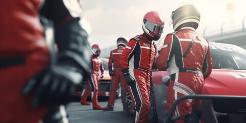 Ultimate collaboration depicted by a professional pit crew as their team's racing vehicle enters the pit lane during a pit stop during an automobile race. Generative Ai. - obrazy, fototapety, plakaty