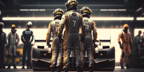 Ultimate collaboration depicted by a professional pit crew as their team's racing vehicle enters the pit lane during a pit stop during an automobile race. Generative Ai. - obrazy, fototapety, plakaty
