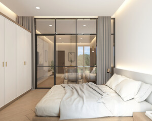 Modern japan style tiny room decorated with white bed and wardrobe, glass wall and light gray curtains.3d rendering