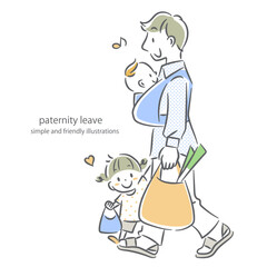 ふたりの子供を連れて買い物へ行く若いお父さん　シンプルでお洒落な線画イラスト