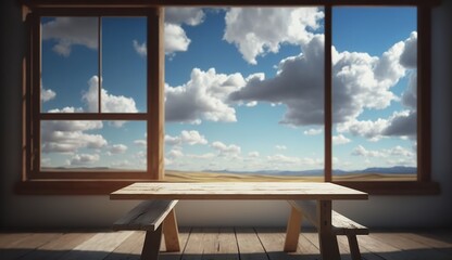 Wooden table empty, view of clouds and blue sky through open window. Generative Ai.