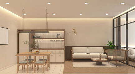 Modern japan style tiny room decorated with kitchen cabinet and dining table set, minimalist sofa and armchair, wooden slatted wall and raised wooden floor.3d rendering