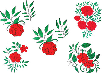 Beautiful hand-drawn Coloring Flower roses design Vector collection, a colorful tree with green leaves and red tree or forest side view isolated on white background 