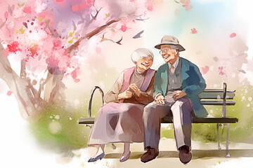Obraz na płótnie Canvas Elderly couple sitting on a bench in the park. watercolor painting. Generative AI