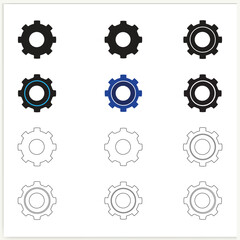 Gear setting vector icon set. Isolated black gears mechanism and cog wheel on white background. Cogwheel icons 
