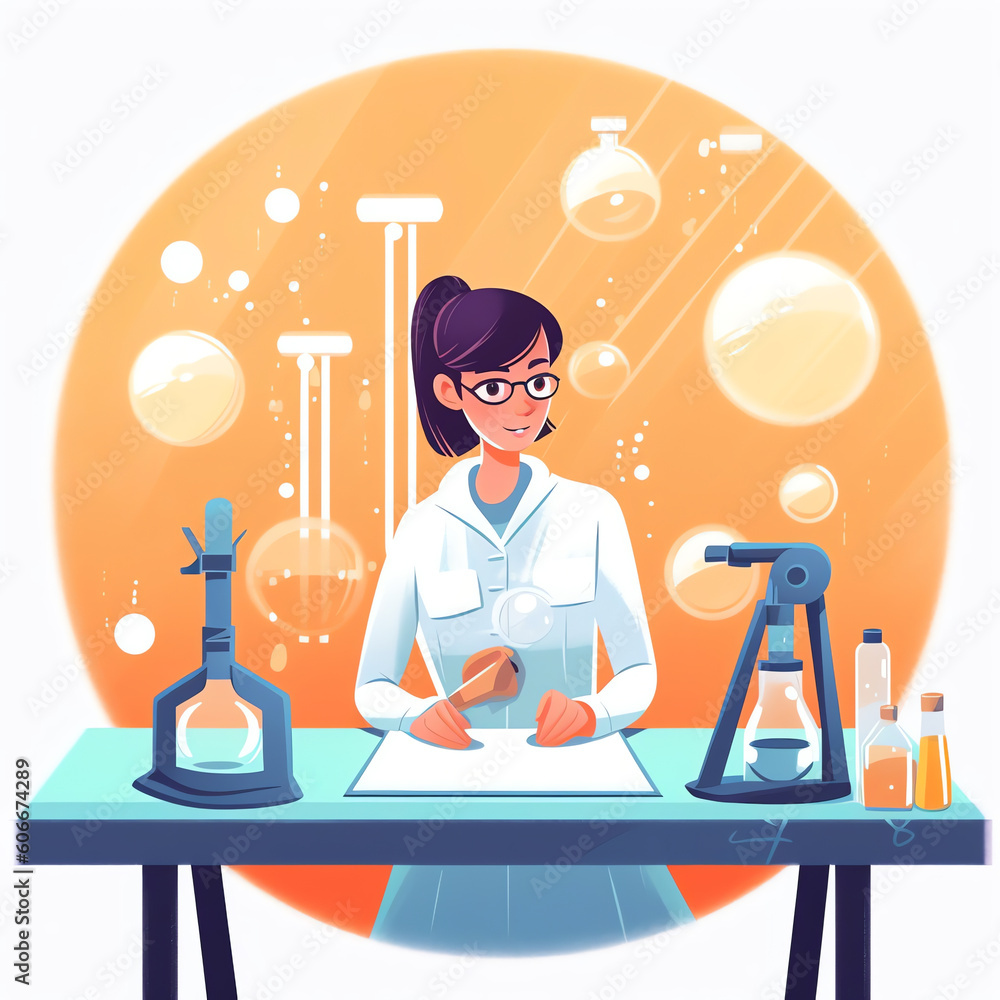 Poster AI generated: Scientist at work, characters conducting experiments in lab. Vector illustration in flat style
